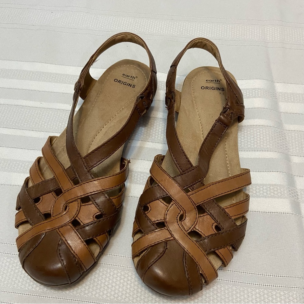 Earth Origins Two Tone  Womens Fisherman Leather Sandals EUC size 8.5 W